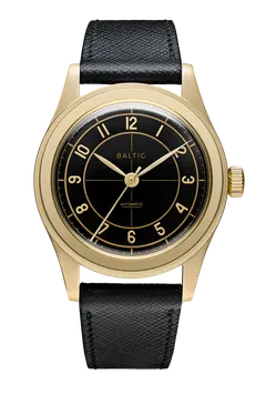 Baltic HMS 002, gold PVD case, black dial, on black leather strap