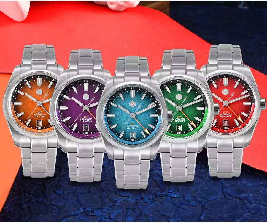 San Martin SN0144-B-GX GMT with orange, purple, blue, green and red Jian Zhan dials on steel bracelets