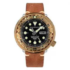 San Martin SN003-Q with bronze shroud, black day-date dial, on leather strap