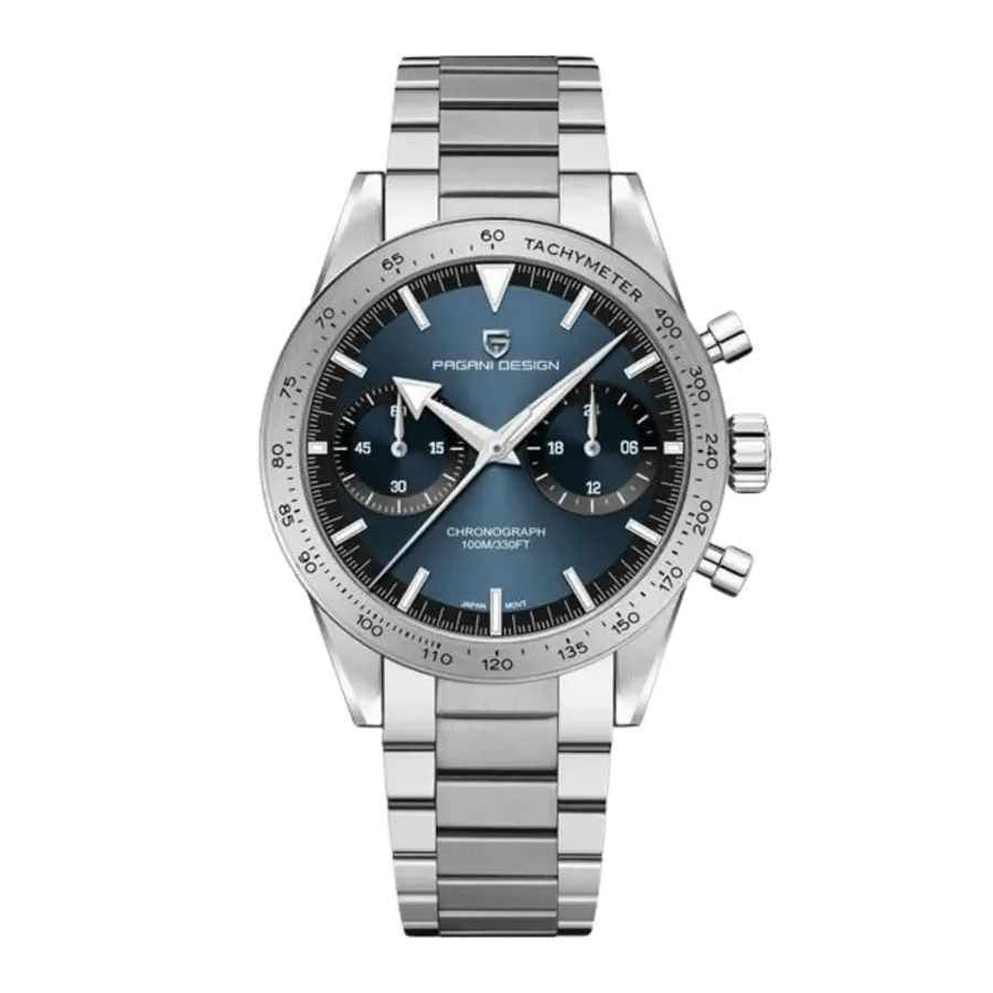 Pagani Design PD-1766 chronograph with blue dial and steel tachymeter bezel on steel bracelet