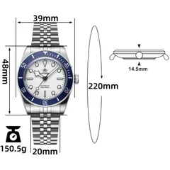 Addiesdive AD2043 dimension graphic (39mm, 48mm lug-to-lug, 14.5mm, 20mm, 150.5g)