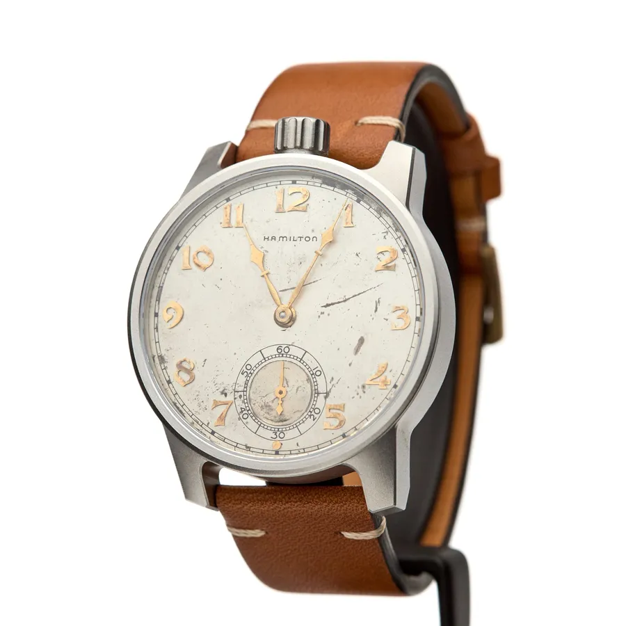Vortic Lancaster 110 (43mm), one-off piece with a Hamilton dial, gilt numerals and sub-seconds, crown at 12, on brown leather
