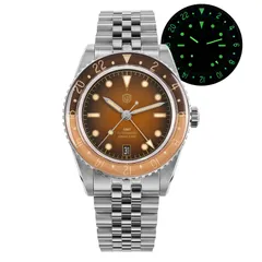 Watchdives WD6542 with brown dial and brown and tan bezel on the jubilee bracelet, with lume shot