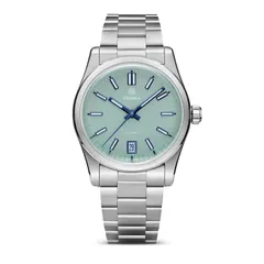 Traska Commuter 36 Date, seafoam green lacquered dial, front view