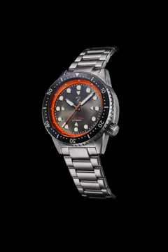 Zelos Great White 1000m in steel, grey dial with orange chapter ring, black ceramic bezel, on steel bracelet