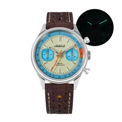 Militado ML23 chronograph with pale green with light blue subdials and tachymeter track dial on brown leather strap
