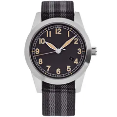 Islander Ameriquartz Field Watch ISL-77 with black dial on black and grey striped elastic strap