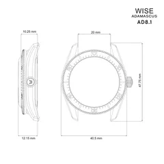 Wise Adamascus AD8.1 case dimension drawing (40.5mm, 47.75mm lug to lug, 20mm lugs, 12.15mm height)
