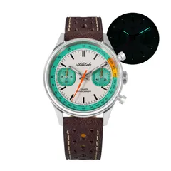 Militado ML23 chronograph with white with mint green subdials and tachymeter track dial on brown leather strap