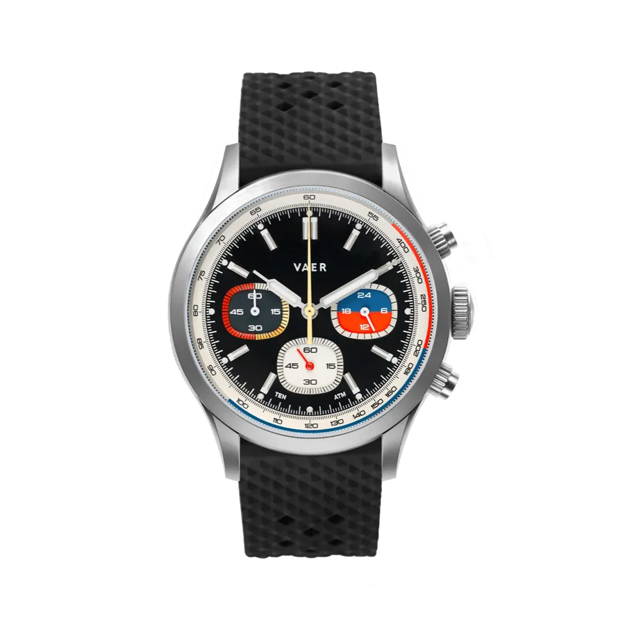 Vaer RS1 Rally Chronograph Panda 40mm on black waffle strap