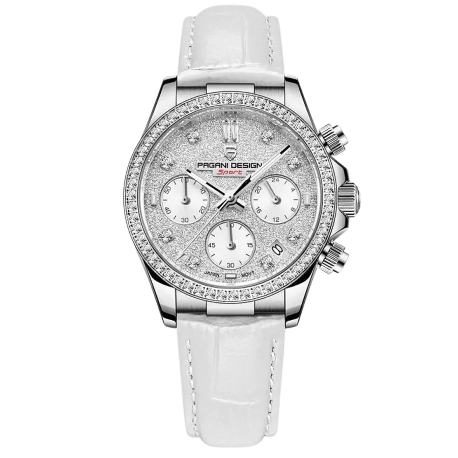 Pagani Design PD-1730 women's chronograph with stone-set bezel and silver glitter dial on white leather strap