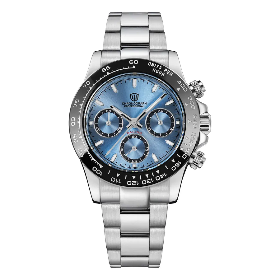 Watchdives WD16500 V2 with sunray light blue dial and black tachymeter bezel