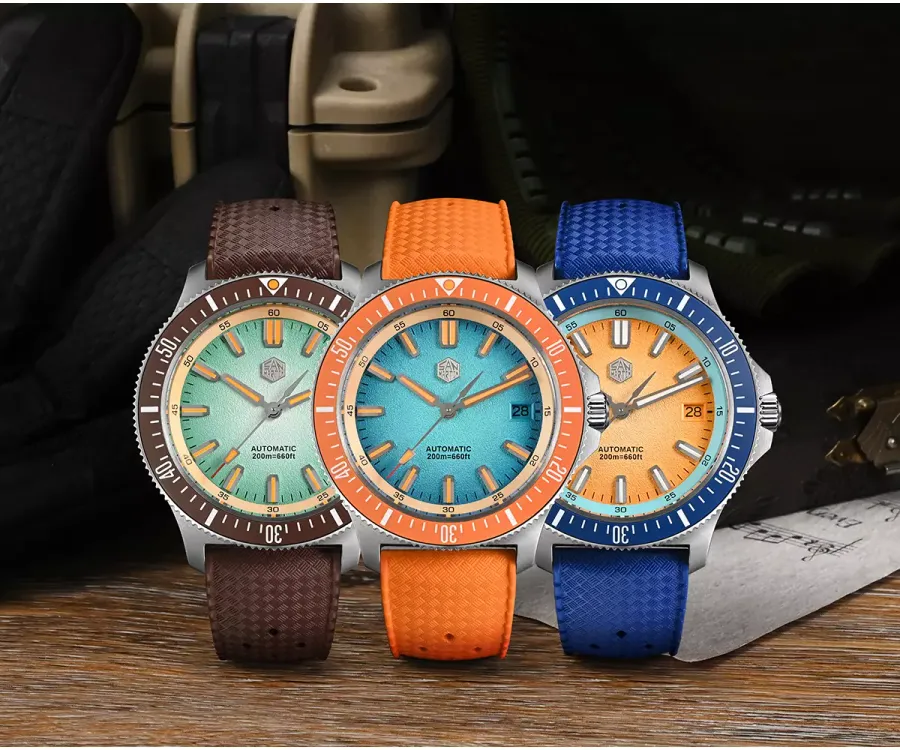 San Martin SN0118-G in gradient mint green, light blue and light orange with brown, orange and blue ceramic bezels, on rubber straps