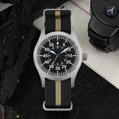 Militado ML05 (VH31) with black pilot-style dial on black nylon strap with a khaki stripe
