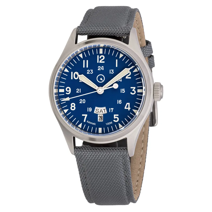 Islander Mitchel DAY-T with blue dial and day-date at 6 on grey nylon strap
