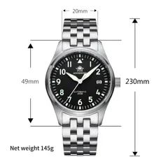 Addiesdive H2/AD2519 dimension graphic on the bracelet (49mm lug-to-lug, 20mm, 230mm, net weight 145g)