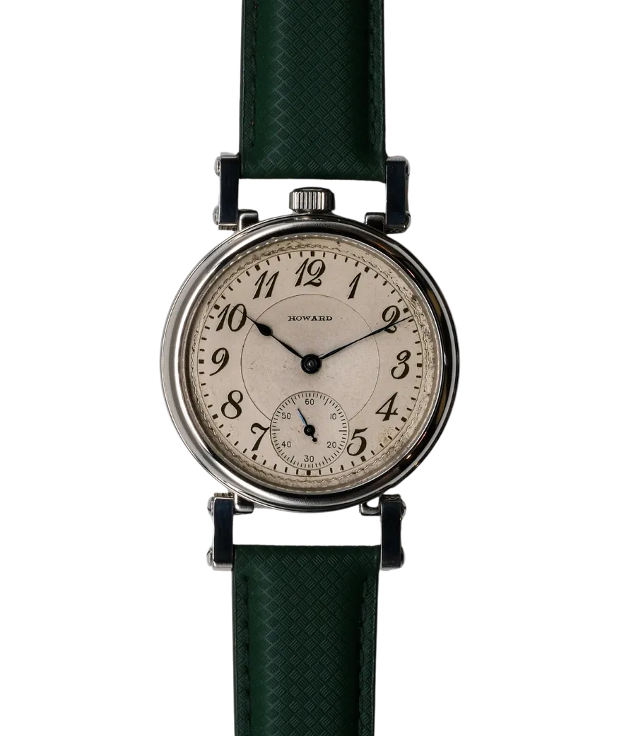 Bernhardt Manifest Statesman 5228, aged ivory E. Howard dial with small seconds, on deep green strap