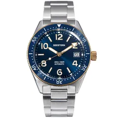 Seestern S434.05 with blue dial, blue ceramic bezel and gold-tone bezel edge and crown on steel bracelet