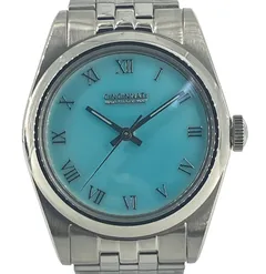 Cincinnati Watch Company Grand Feu Enamel Dial, robin's egg blue enamel with applied Roman numerals, on a five-link bracelet