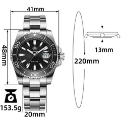 Addiesdive AD2510 dimension graphic (41mm, 48mm lug-to-lug, 13mm, 20mm, 220mm bracelet, 153.5g)