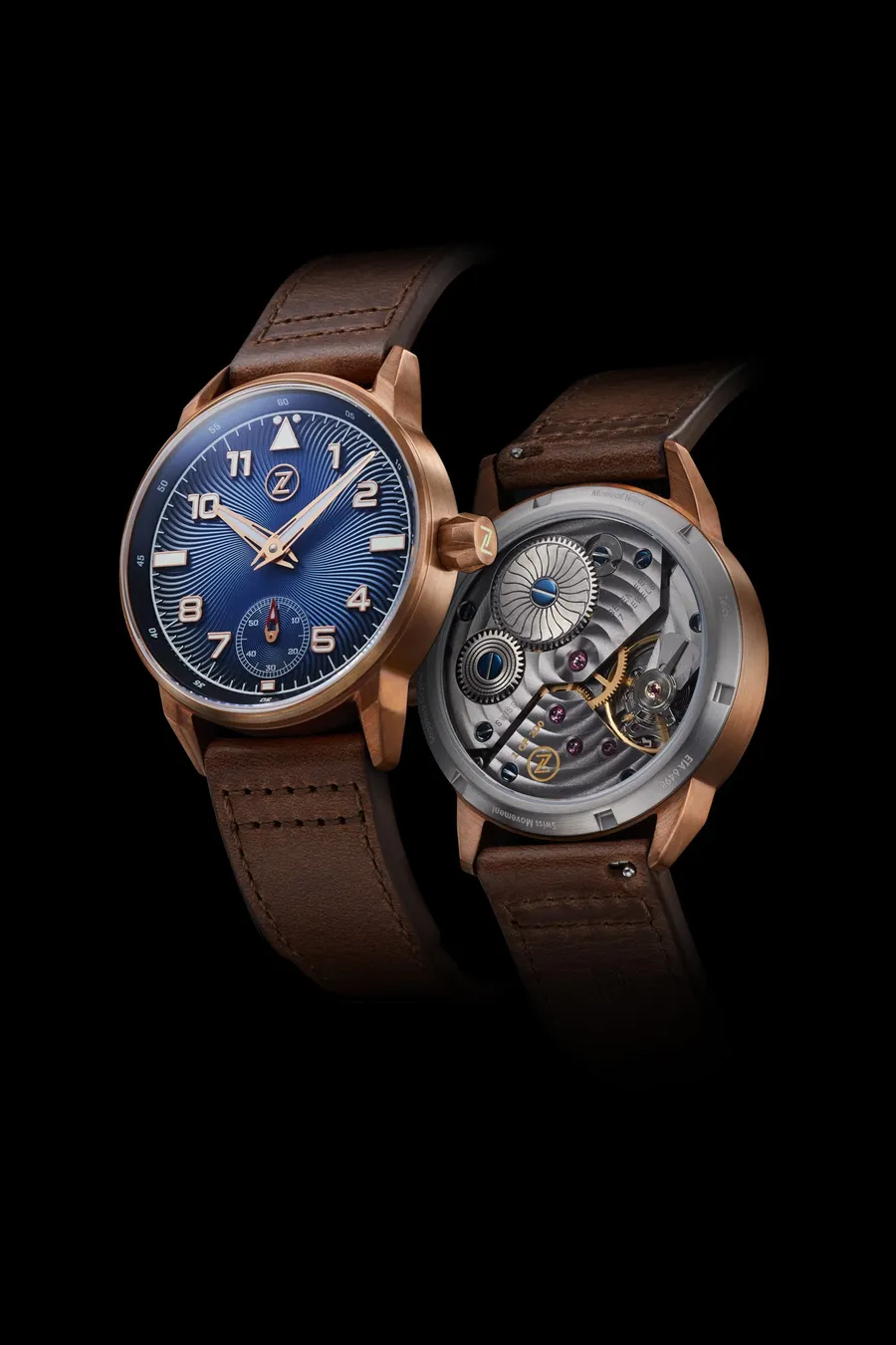 Zelos Skyraider in bronze, Atmosphere Blue dial with small seconds at 6, front and display back, on brown leather strap