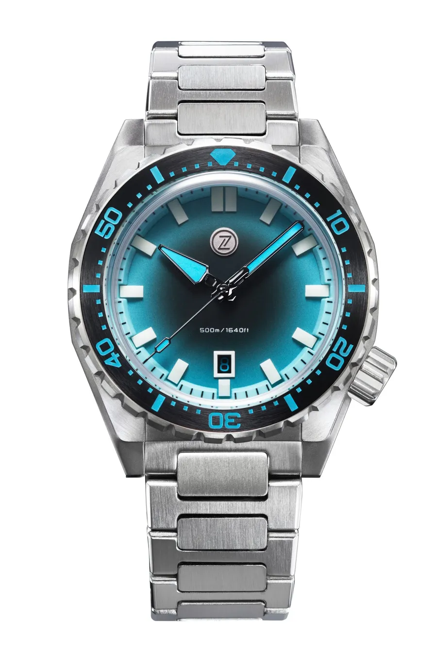 Zelos Thresher 44mm, black-to-light-blue fumé dial, black ceramic bezel, on steel bracelet