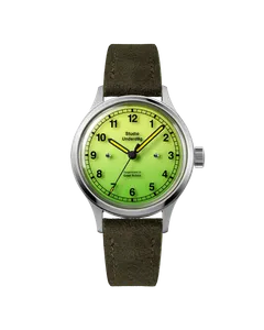 Studio Underd0g 02SERIES Gen2 Mantis field watch with green lume dial on green suede strap, front view