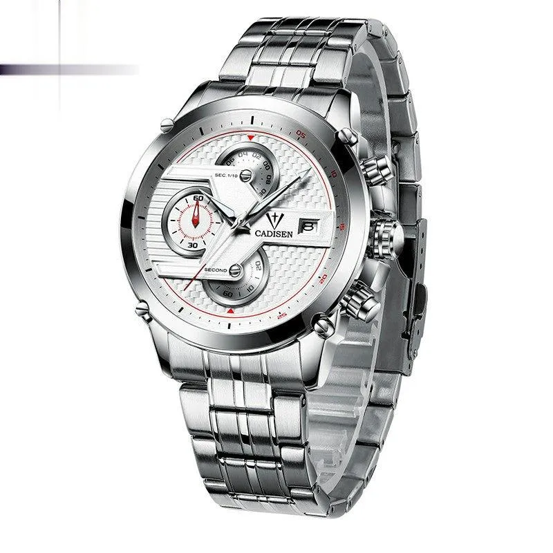Cadisen C9018 quartz chronograph with silver-white textured dial, three subdials and date at 3 in a silver-tone case on a steel bracelet