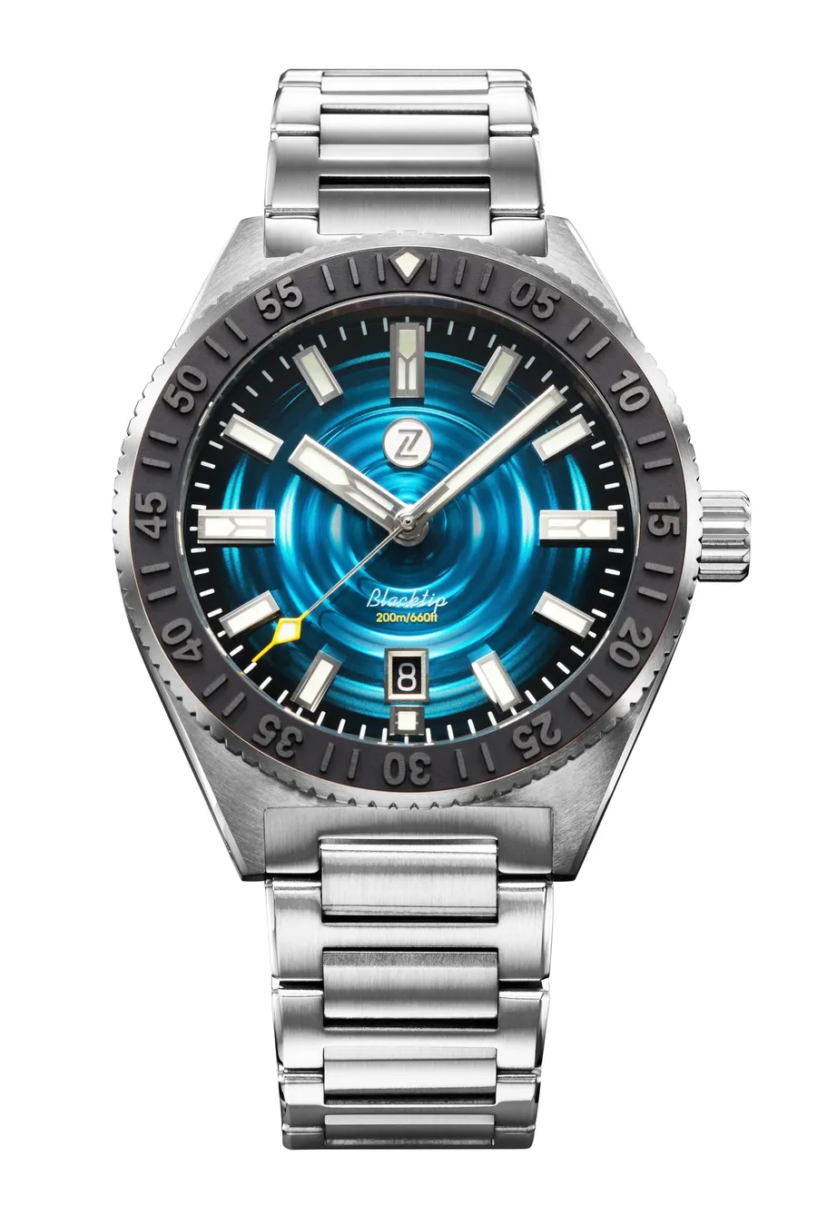Zelos Blacktip 41mm SS Whirlpool, teal guilloché fumé dial and dark grey embossed ceramic bezel, on steel bracelet