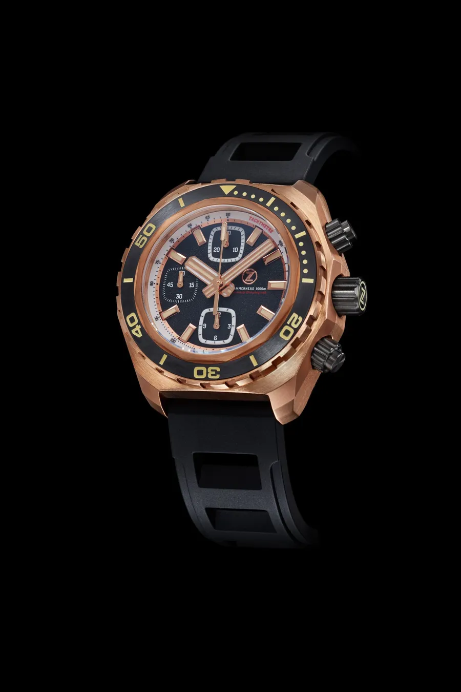 Zelos Hammerhead Chrono in bronze, black sand dial, black ceramic bezel, on rubber strap