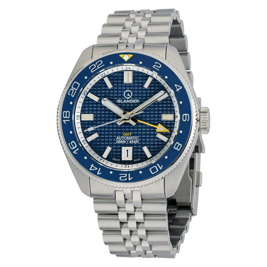 Islander Waffle Dial GMT ISL-214 with blue waffle dial, blue ceramic 24-hour bezel and date at 6 on jubilee-style bracelet