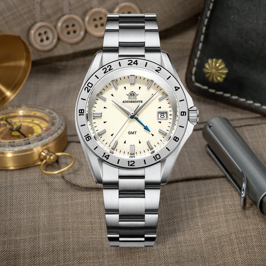 Addiesdive AD2063 quartz GMT with cream dial, blue GMT hand and steel 24-hour bezel on a three-link steel bracelet
