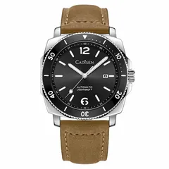 Cadisen C8199 with black dial and black bezel on a brown leather strap