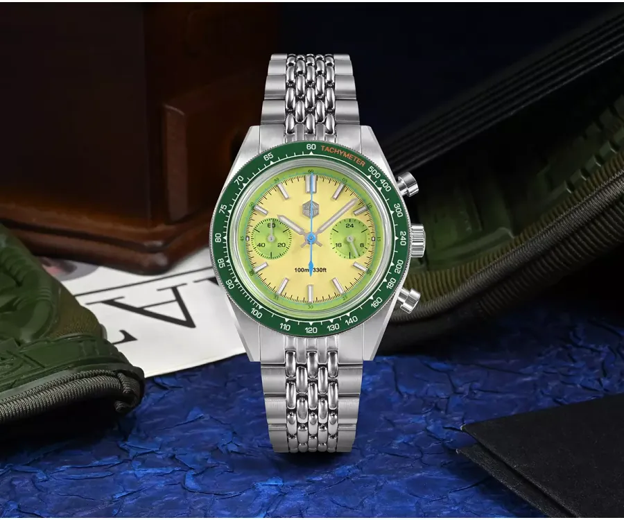 San Martin SN0116-JS chronograph with pale yellow dial, green subdials and green tachymeter bezel on beads-of-rice bracelet