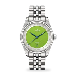 DuFrane Waterloo, steel case, green linen dial, on 5-link bracelet