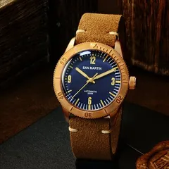 San Martin SN042-Q bronze diver with blue dial on brown suede strap