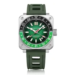 Aquatico Steel Man GMT with green dial and green and black bezel, on green rubber strap