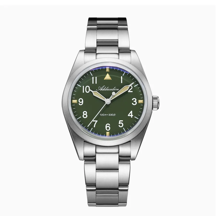 Addiesdive AD2502 titanium field watch with military green dial, Arabic numerals and triangle at 12 on a three-link titanium bracelet