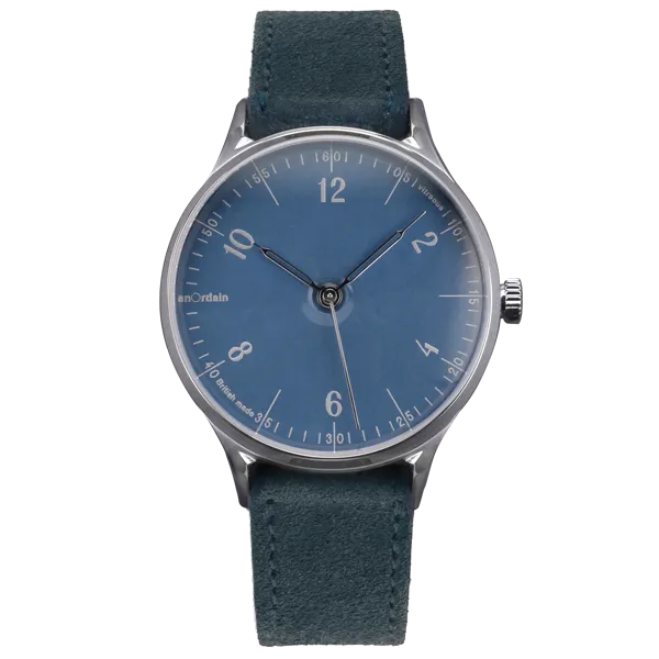 anOrdain Model 1 Hebridean Blue, soft blue vitreous enamel dial with silver numerals, on leather strap