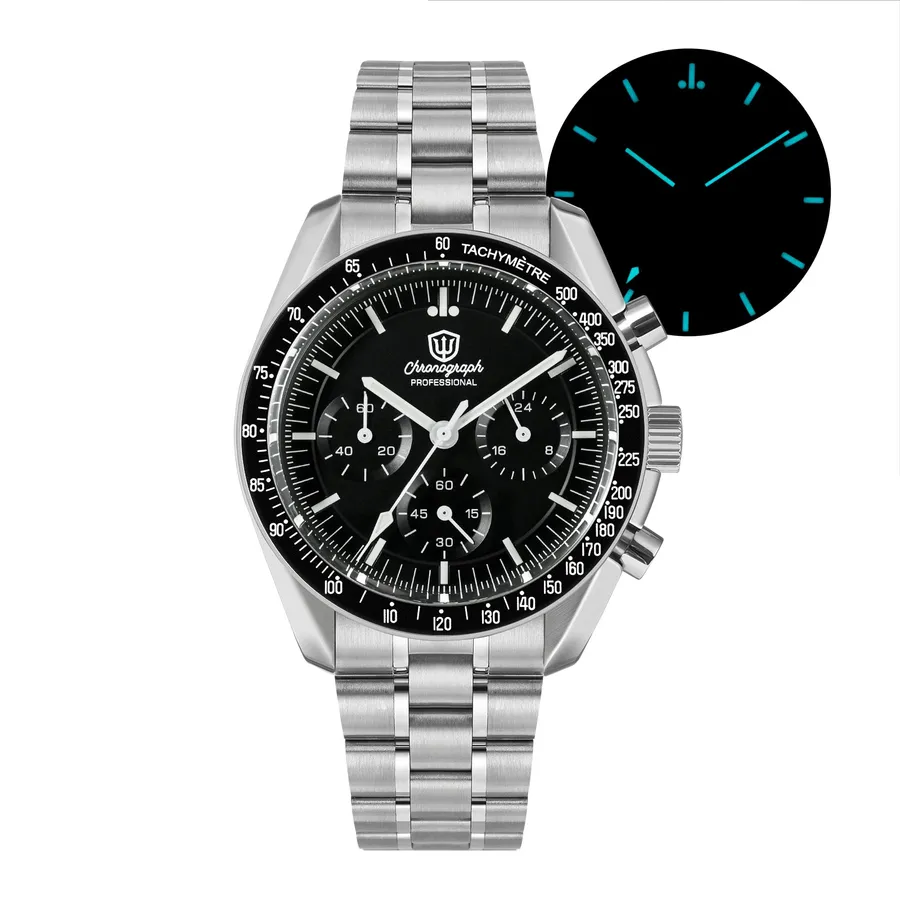 Watchdives WD1860 with black dial and black tachymeter bezel on the steel bracelet