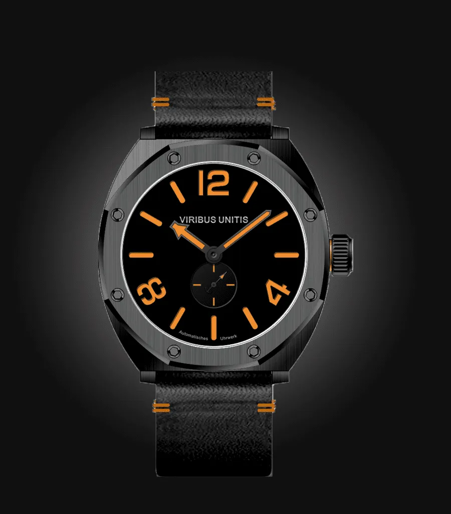 Viribus Unitis IR59, black PVD case, matte black dial with orange lume, on black leather strap