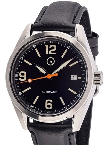 Islander automatic pilot-style watch with black dial and date at 3 on black leather strap