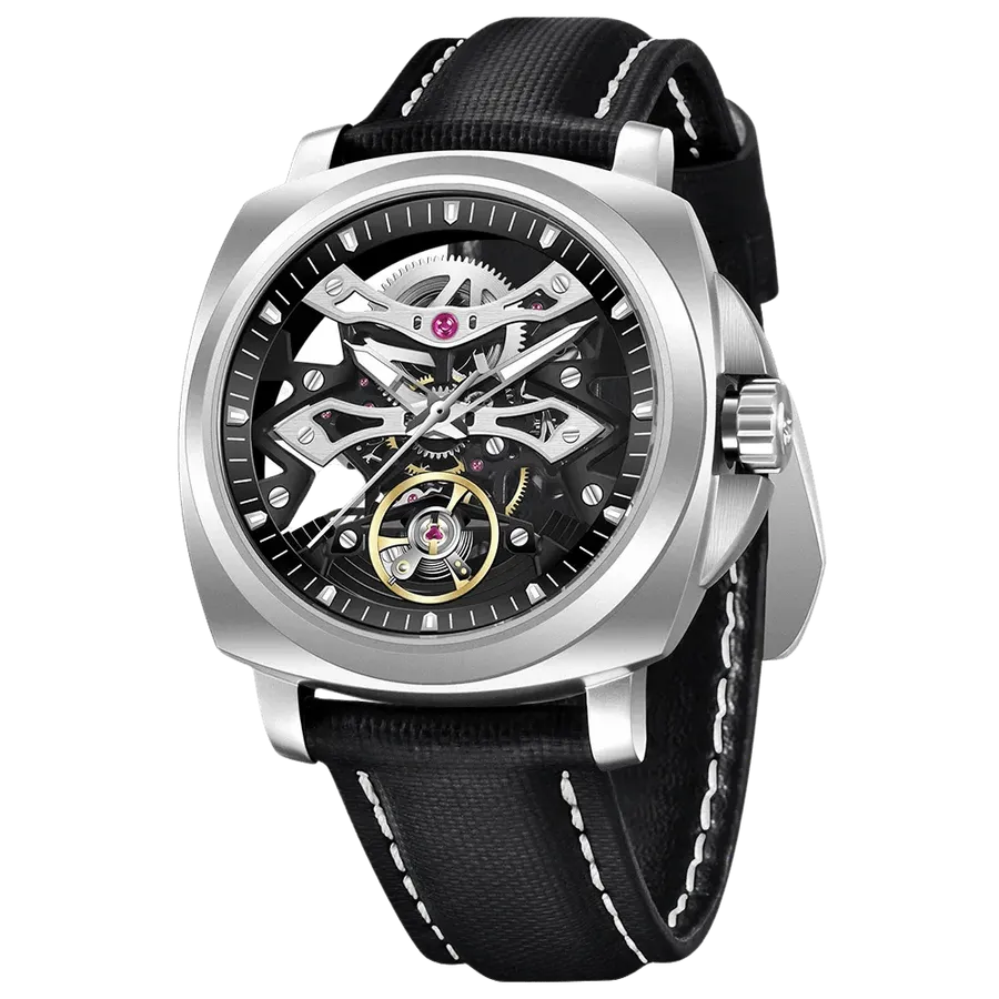 Pagani Design PD-YS017 with cushion-shaped steel case, skeletonised dial with steel-tone bridges and open balance at 6, on black strap