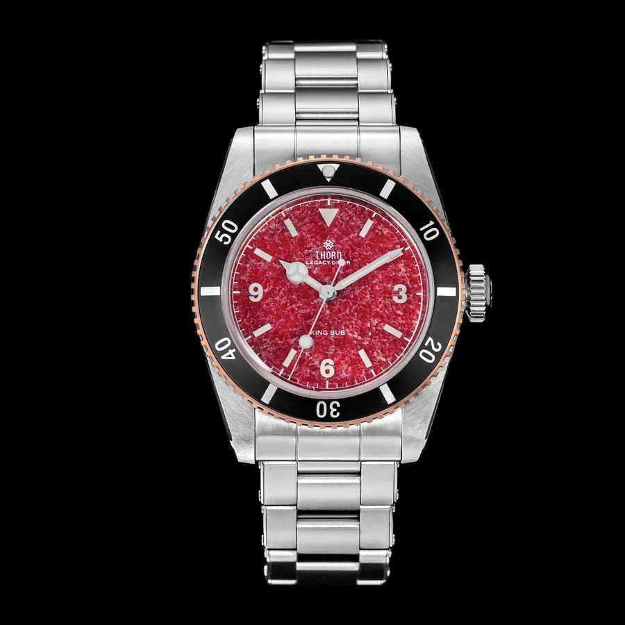 Thorn T029 with red garnet dial, black bezel insert and tin bronze bezel on the steel bracelet