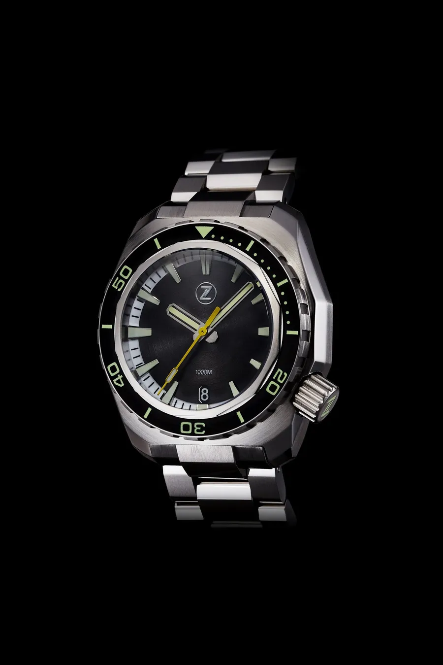 Zelos Hammerhead 1000m Diver in steel, black dial, black ceramic bezel, on steel bracelet