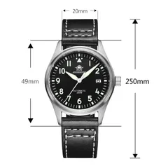 Addiesdive H2/AD2519 dimension graphic on the leather strap (49mm lug-to-lug, 20mm, 250mm)