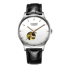 Cadisen C8164 open-heart automatic with white dial and rose gold-tone hands, shown on a black leather strap