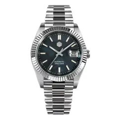 San Martin SN059-G V2 40mm with blue mother-of-pearl dial, fluted bezel and cyclops date on president-style bracelet