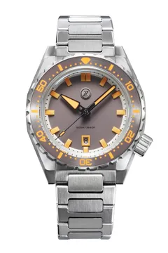 Zelos Thresher 44mm, sandblasted grey dial with orange lume, grey ceramic bezel, on steel bracelet