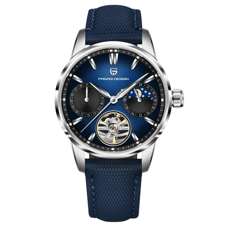 Pagani Design PD-YS021 with blue gradient dial, pointer date at 9, day/night subdial at 3 and open balance at 6, steel case on blue strap